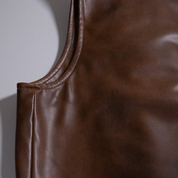 Jack Faux Leather Vest Longline Brown Faux Fur Collar Sleeveless Outerwear Large - Picture 12 of 13